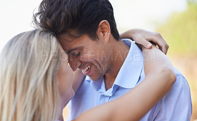 Buy stock photo Love, romance and face of happy couple hug for support, care and relationship security with marriage partner. Embrace, forehead touch and outdoor people bonding, smile and connect on summer holiday