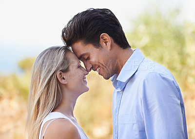 Buy stock photo Love, forehead touch and face of happy couple with romantic care, trust and smile for weekend getaway in nature. Relax, wellness and outdoor people bonding, sweet and connect on Australia vacation