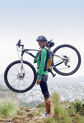 Buy stock photo Woman, holding mountain bike and smile in portrait with pride, fitness and view of cityscape from hill. Girl, person and  happy with bicycle on adventure, training or exercise for wellness in nature