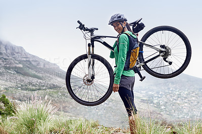 Buy stock photo Woman, carry mountain bike and smile in portrait with pride, fitness and view of cityscape from hill. Girl, person and  happy with bicycle on adventure, training or exercise for wellness in Cape Town