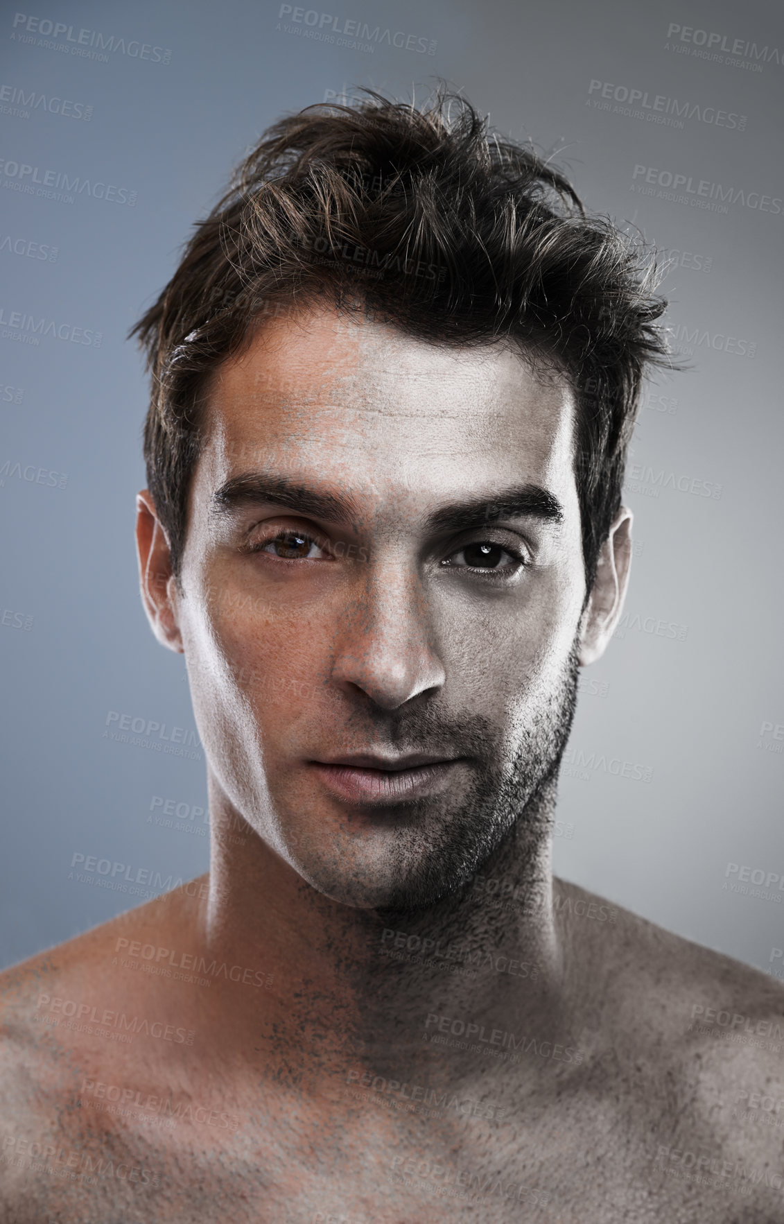Buy stock photo Man, shave and half face of beard for hair removal improvement in studio for wellness, comparison or grey background. Male person, portrait and confident in for cleaning, transformation or mockup