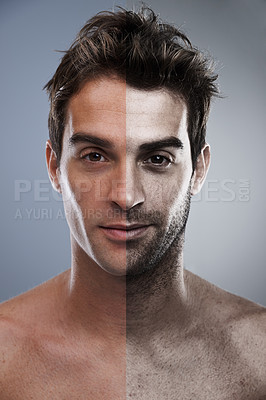 Buy stock photo Man, shave and face or beard comparison for hair removal or improvement in studio for wellness, half or grey background. Male person, portrait and confident for cleaning, transformation or mockup