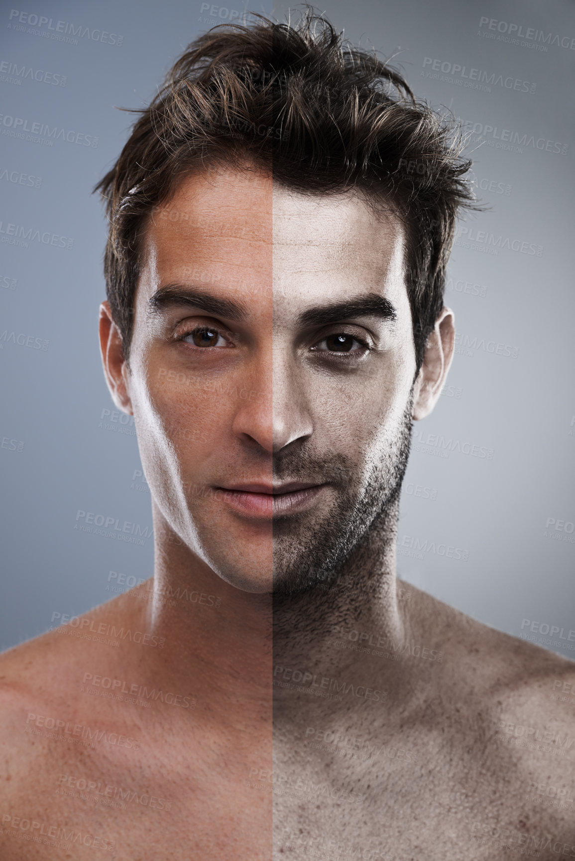 Buy stock photo Man, shave and face or beard comparison for hair removal or improvement in studio for wellness, half or grey background. Male person, portrait and confident for cleaning, transformation or mockup