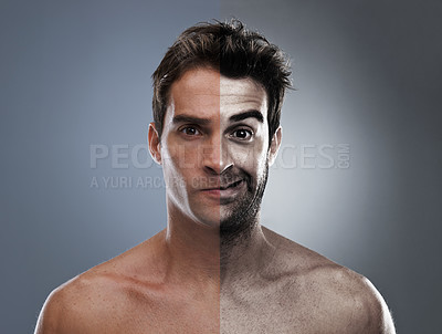 Buy stock photo Man, beard and half face for hair removal improvement in studio for wellness, comparison or grey background. Male person, portrait and confident for shaving cleaning, transformation or mockup space