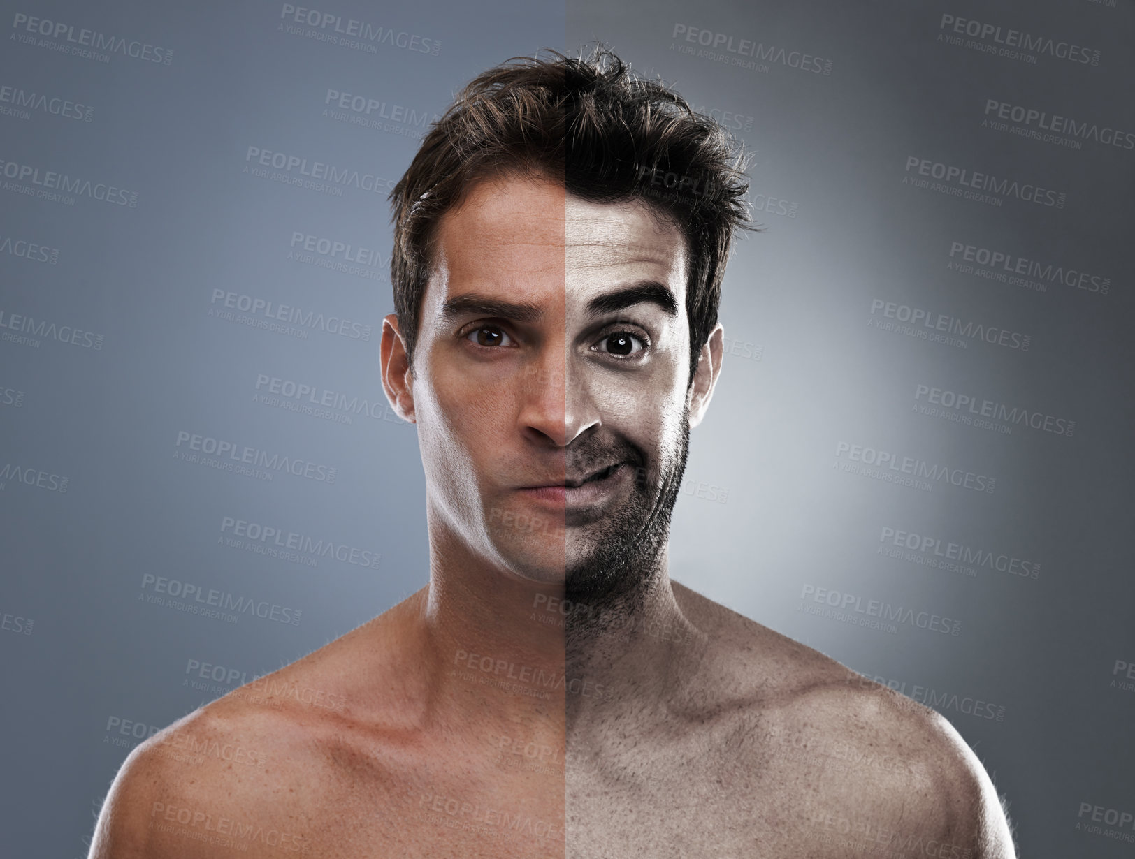 Buy stock photo Man, beard and half face for hair removal improvement in studio for wellness, comparison or grey background. Male person, portrait and confident for shaving cleaning, transformation or mockup space