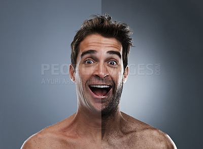 Buy stock photo Man, beard and face shave or excited for improvement in studio for wellness, comparison or grey background. Male person, portrait and hair removal for before and after, transformation or mockup space
