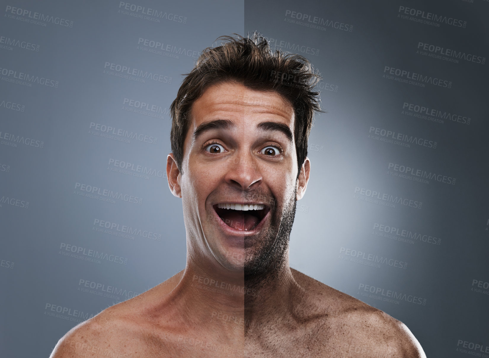 Buy stock photo Man, beard and face shave or excited for improvement in studio for wellness, comparison or grey background. Male person, portrait and hair removal for before and after, transformation or mockup space