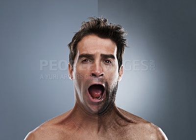 Buy stock photo Man, shave and face or beard comparison for hair removal or improvement in studio for wellness, half or grey background. person, portrait and surprise for cleaning, transformation and shocked