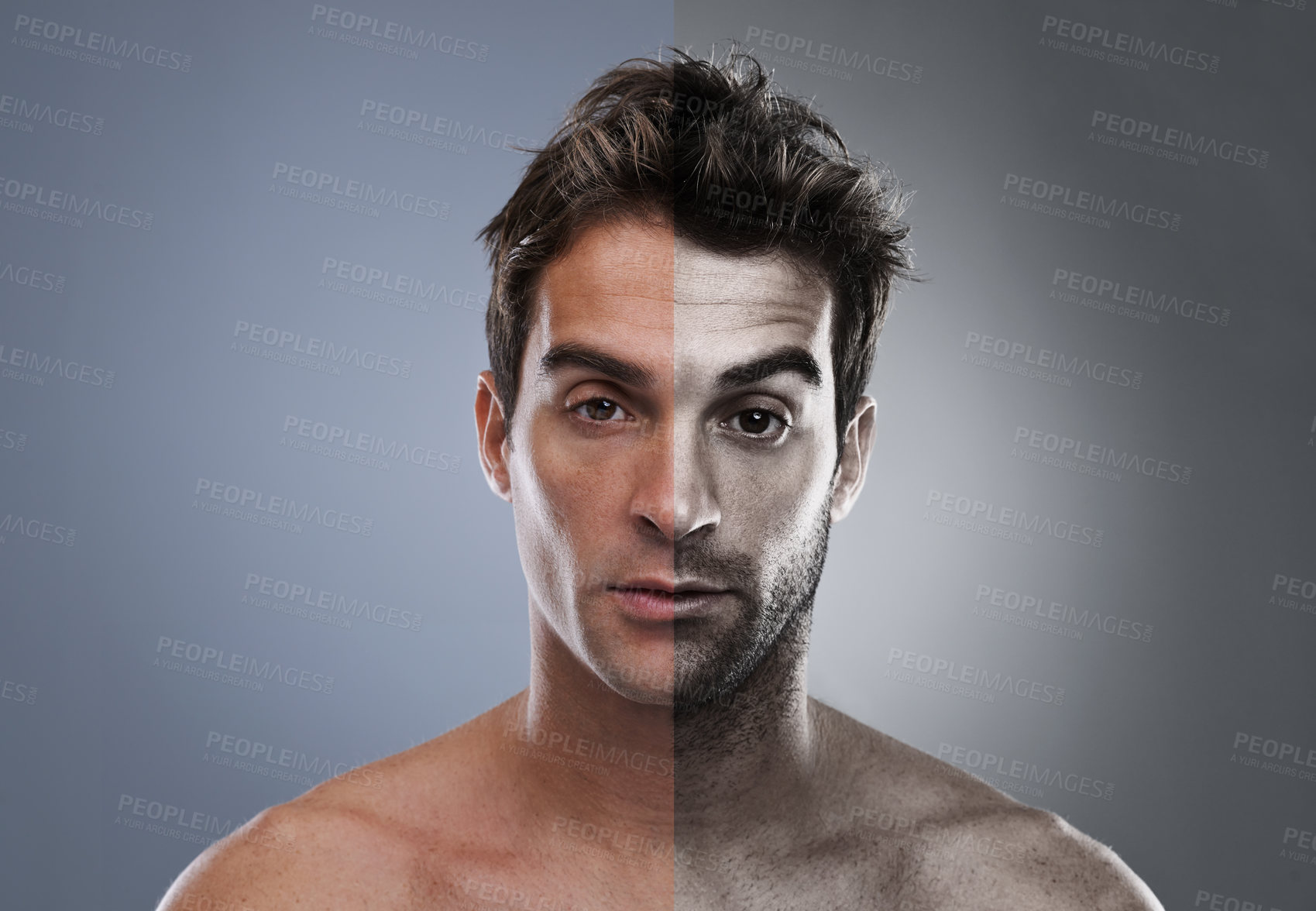 Buy stock photo Man, beard and half face for hair removal improvement in studio for wellness, comparison or grey background. Male person, portrait and self care for before and after, transformation or mockup space