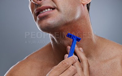 Buy stock photo Person, shaving and beard or razor burn for hair removal or red rash, inflammation or grey background. Hand, tool and hygiene mistake in studio or accident for wellness maintenance, pain or mockup