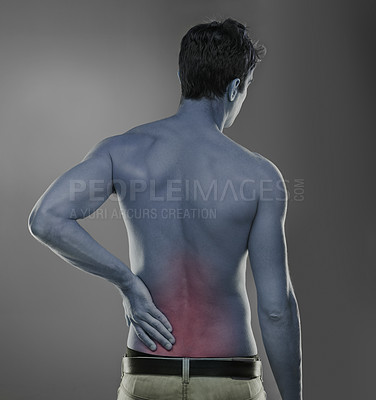 Buy stock photo Man, back pain and injury of fitness in studio, medical problem and muscle tension or sore of training. Model, joint ache or spine with inflammation of sport accident or arthritis by grey background