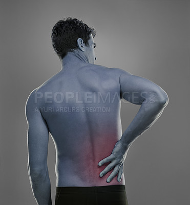 Buy stock photo Man, back pain and spine problem in studio, medical crisis and muscle tension or injury of training. Model, joint ache and sore with inflammation of sport accident and red glow by grey background