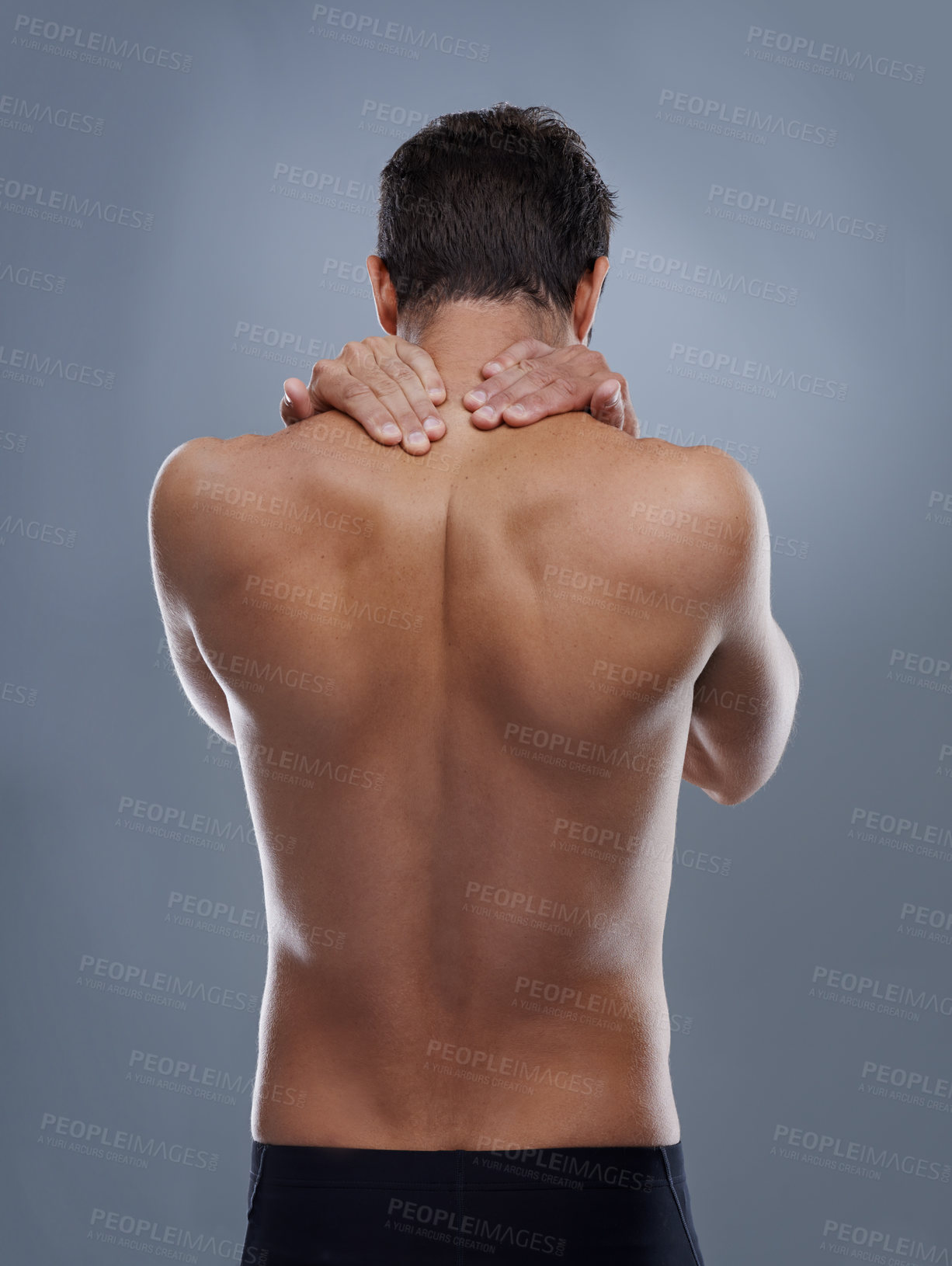 Buy stock photo Man, neck pain and spine problem in studio, medical crisis and muscle tension or injury of training. Model, joint ache and back with inflammation of sport accident and arthritis by grey background