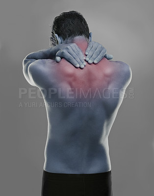 Buy stock photo Back, man and red highlight for neck pain, burnout and muscle tension on a grey studio background. Person, sore and model with inflammation and body ache with bruise and broken with strain and injury