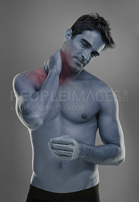 Buy stock photo Man, neck pain or portrait in studio for medical crisis or muscle tension for injury of training. Model, joint ache or face by red glow of inflammation of sport accident or anatomy by grey background