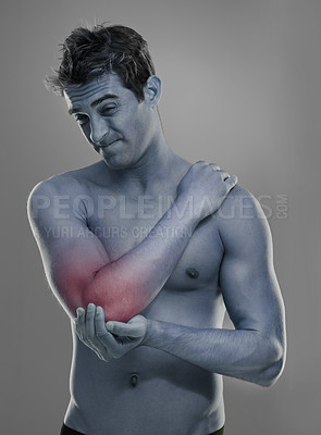 Buy stock photo Joint pain, arm injury and man with elbow problem, medical emergency and massage tendinitis. Red glow, osteoporosis and studio person with inflammation, accident or hurt anatomy on grey background