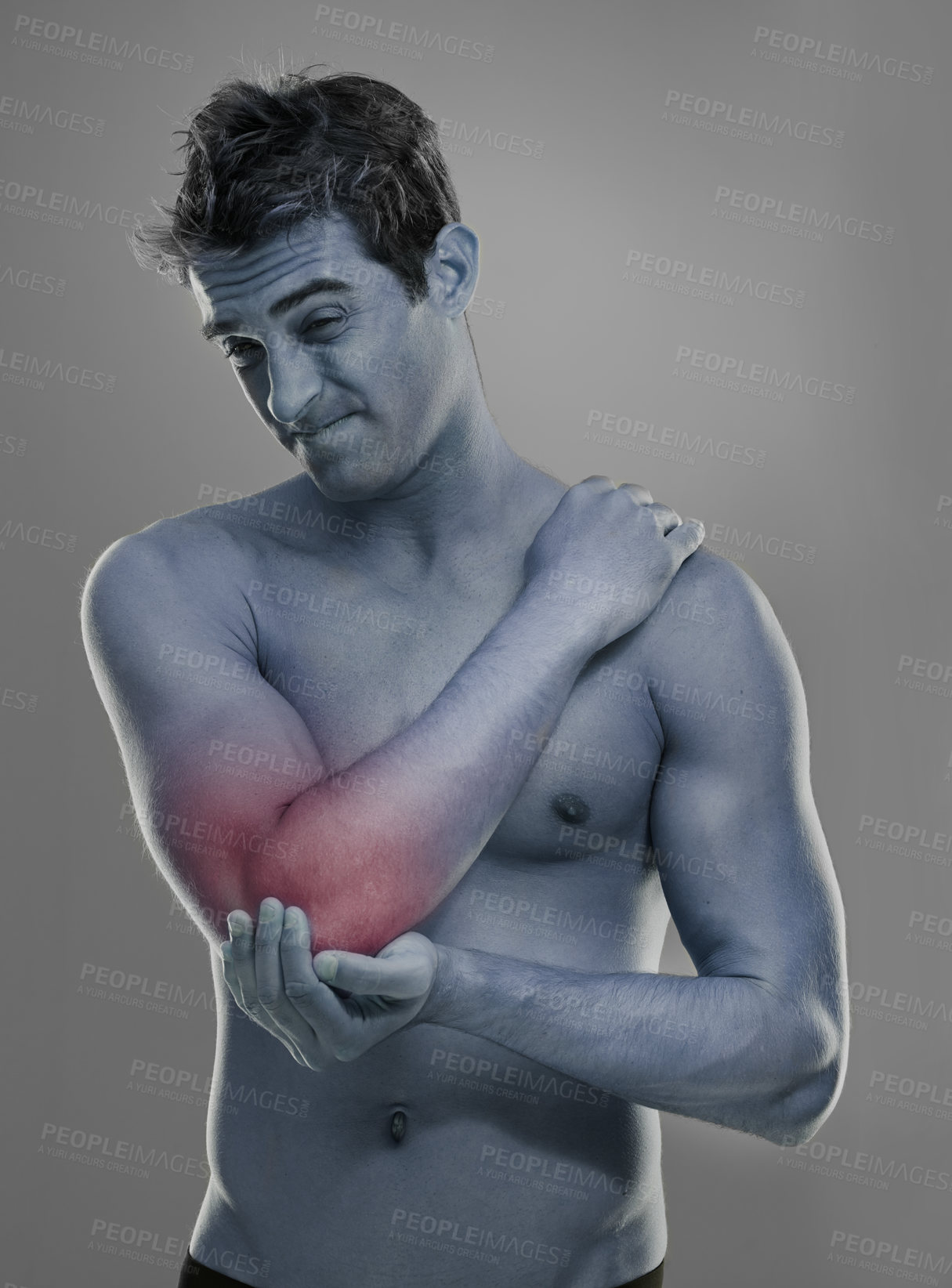 Buy stock photo Joint pain, arm injury and man with elbow problem, medical emergency and massage tendinitis. Red glow, osteoporosis and studio person with inflammation, accident or hurt anatomy on grey background