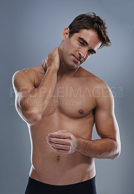 Buy stock photo Neck pain, studio and man with injury problem, medical emergency and massage muscle pressure. Inflammation, fibromyalgia or sore person with nerve tension, accident or hurt anatomy on grey background