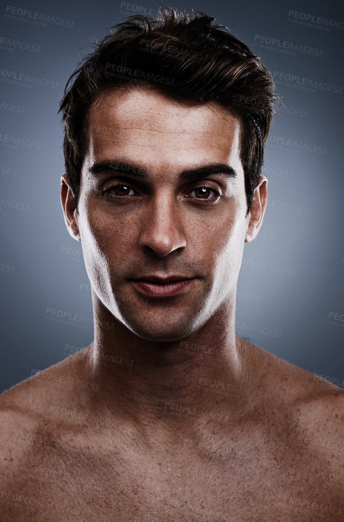 Buy stock photo Portrait, skincare and man with cosmetics, wellness and grooming on grey studio background. Person, guy and model with routine or treatment with luxury and shine with  beauty, glowing or dermatology 