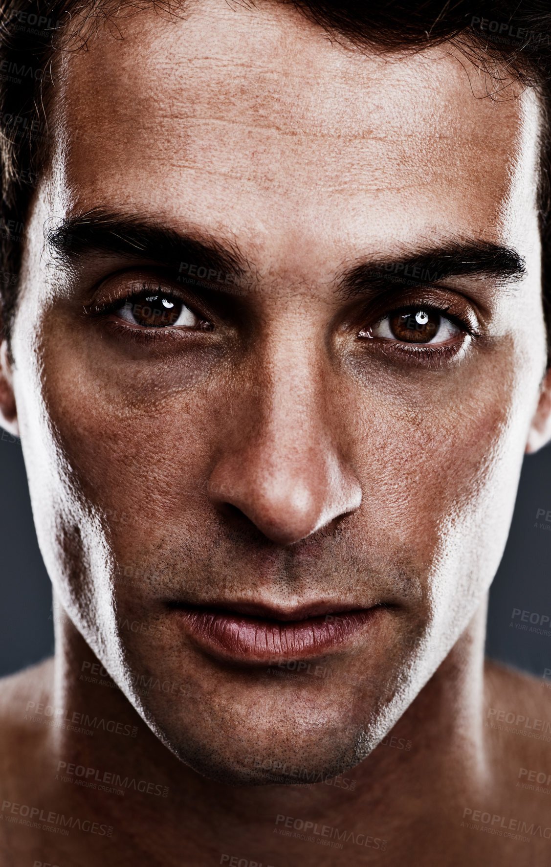 Buy stock photo Portrait, skincare or man with cosmetics, treatment or grooming on grey studio background. Person, facial or model with routine or confident with beauty or shine with  beauty, glowing or dermatology 