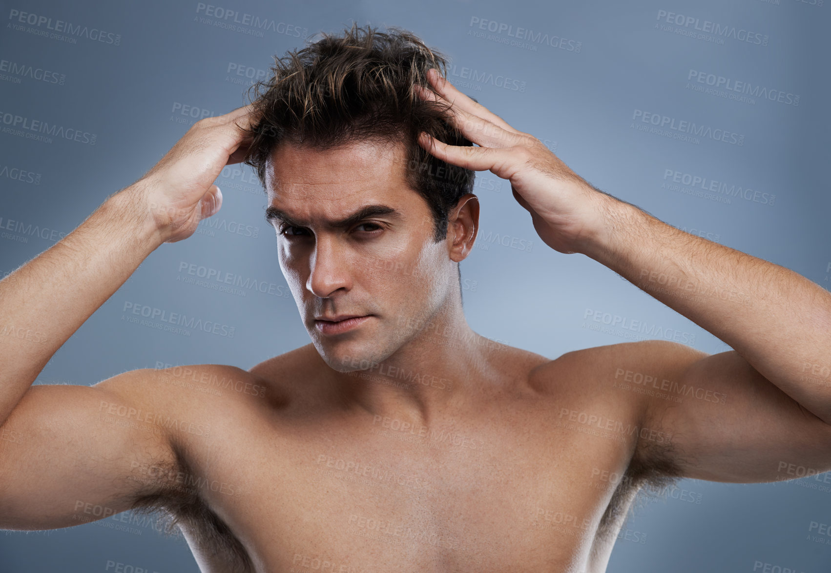 Buy stock photo Man, portrait and hairstyle with confidence in studio on grey background for wellness hygiene, application or grooming. Male person, face and healthy self care for morning routine, model or mockup