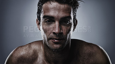Buy stock photo Portrait, man and water with cosmetics, sweating and dermatology on grey studio background. Face, person and model with hydration and beauty with morning routine, wet and hygiene with skincare