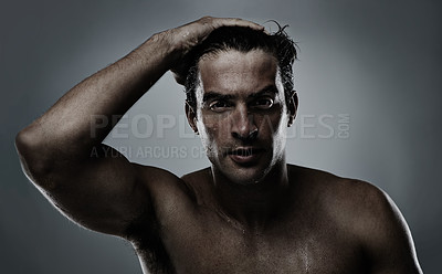 Buy stock photo Portrait, man and water with dermatology, sweating and morning routine on a grey studio background. Face, person and grooming with hydration and beauty with model, wet and cosmetics with skincare
