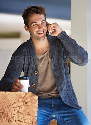 Buy stock photo Phone call, smile and young man with coffee for deal, partnership or work communication in office. Happy, talking and male person on mobile conversation with cellphone and cappuccino in workplace.