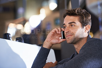 Buy stock photo Phone call, smile and young man networking for deal, partnership or work communication in office. Happy, talking and male person on mobile conversation with cellphone for career in workplace.