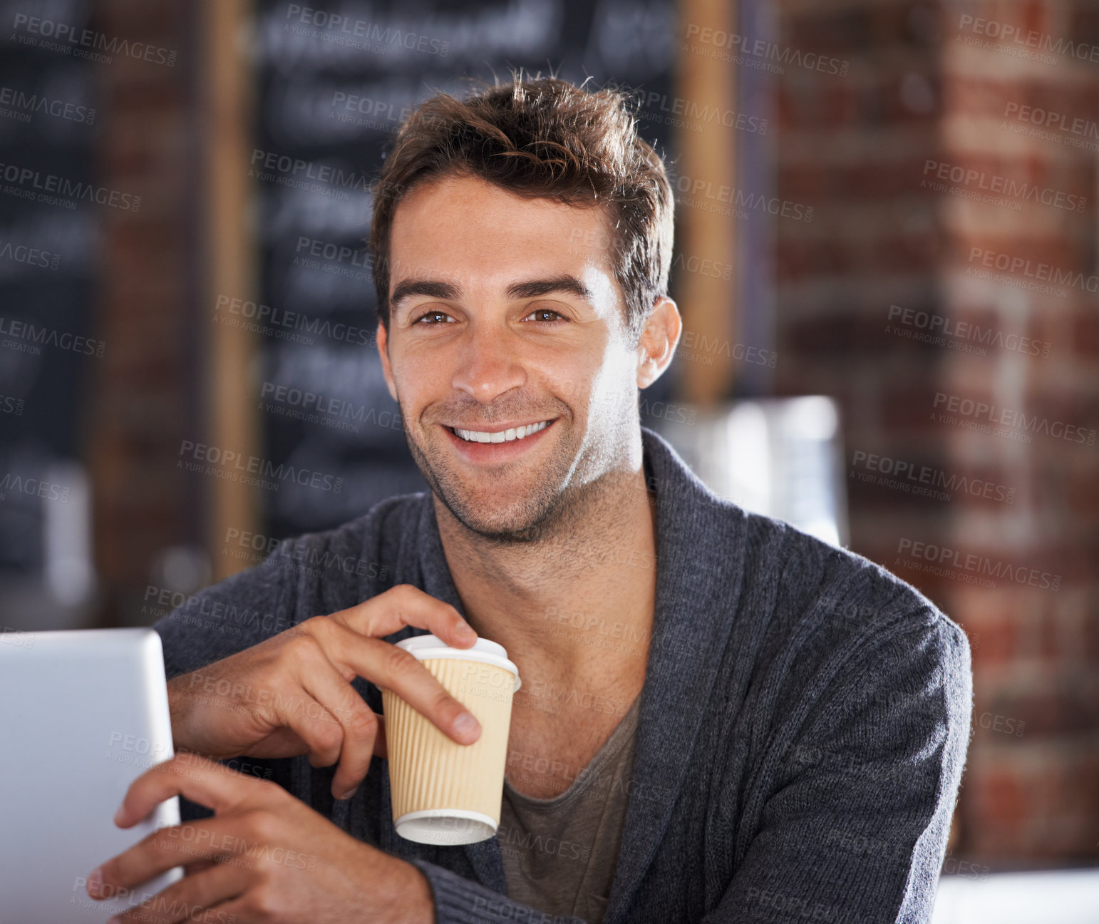 Buy stock photo Smile, coffee and portrait of man in a cafe with tablet for networking on social media or internet. Happy, cappuccino and young male person with digital technology for research in restaurant.