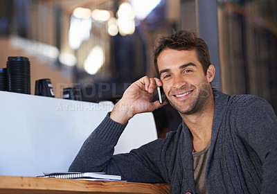 Buy stock photo Phone call, smile and portrait of man in coffee shop for deal, partnership or work communication. Happy, talking and young male person on mobile conversation with cellphone for career in cafe.