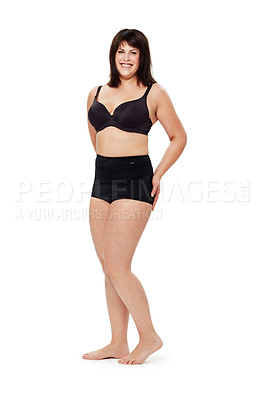 Buy stock photo Portrait, smile and plus size woman in underwear in studio isolated on a white background mockup space. Happy person, model and body positivity, health and natural beauty of confident young girl