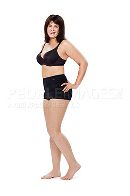 Buy stock photo Portrait, happy and plus size woman in underwear in studio isolated on a white background mockup space. Smile of person, model and body positivity, self acceptance and confidence in natural beauty