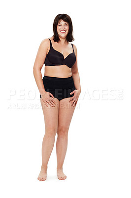 Buy stock photo Full length studio portrait of a young woman modeling underwear isolated on white