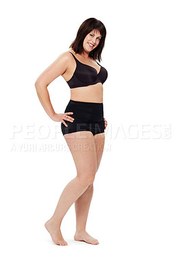Buy stock photo Portrait, smile and confident plus size woman in underwear in studio isolated on a white background mockup space. Happy person, model and body positivity, health and natural beauty of young girl