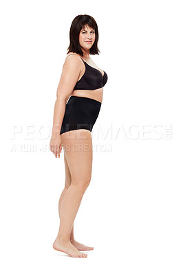 Buy stock photo Portrait, beauty and plus size woman in underwear in studio isolated on a white background mockup space. Confident person, natural model and body positivity, self acceptance and healthy young lady