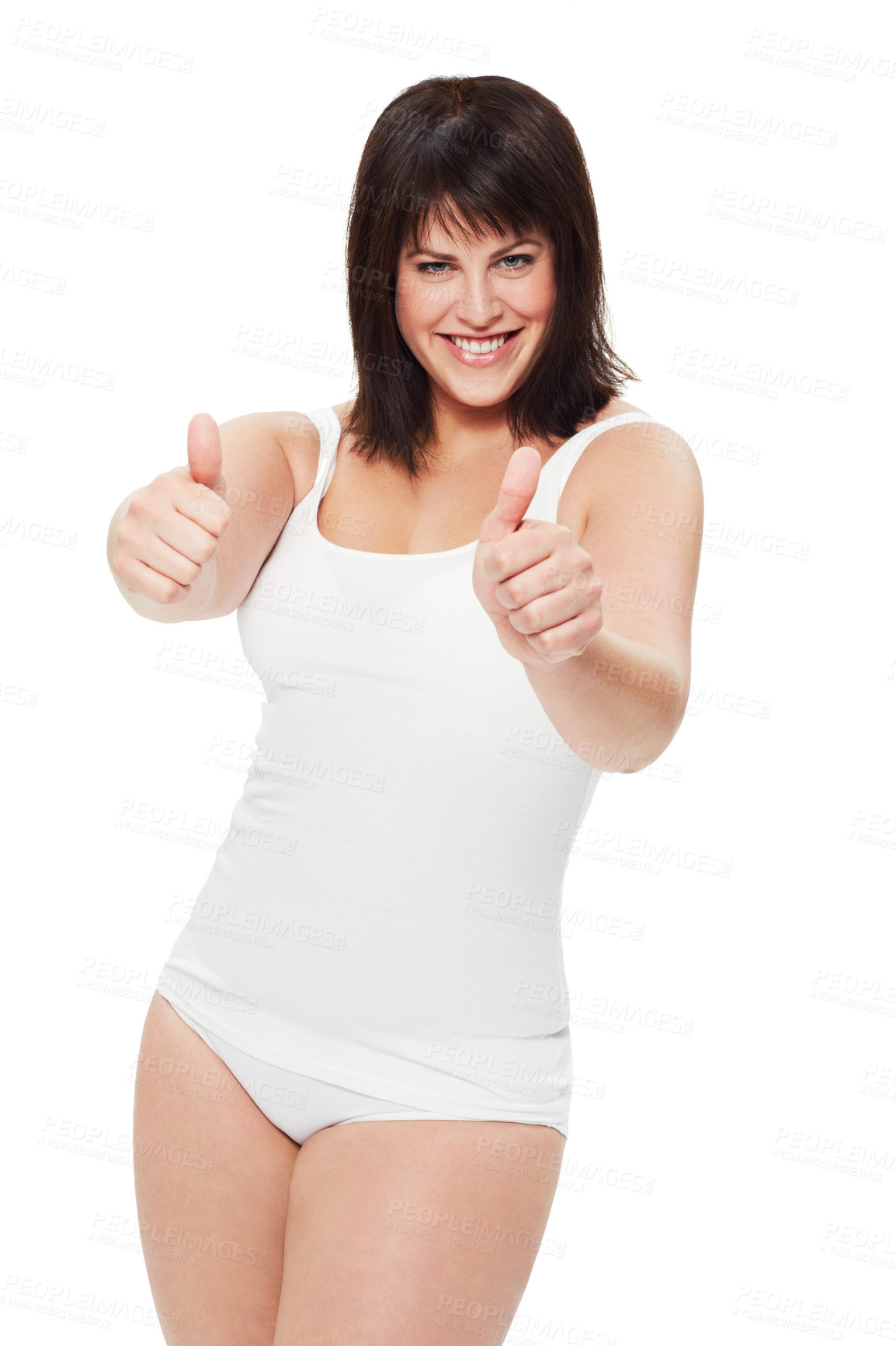 Buy stock photo Portrait, thumbs up and plus size woman in underwear in studio isolated on a white background. Smile, body positive model and like hand gesture for success, winning or agreement symbol of happy girl