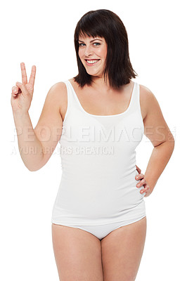 Buy stock photo Portrait, peace sign and plus size woman in studio isolated on a white background. V hand gesture, smile or model in underwear for beauty in body positivity with emoji for victory, success or winning
