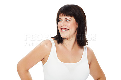 Buy stock photo Studio shot of a pretty brunette woman looking out of frame isolated on white