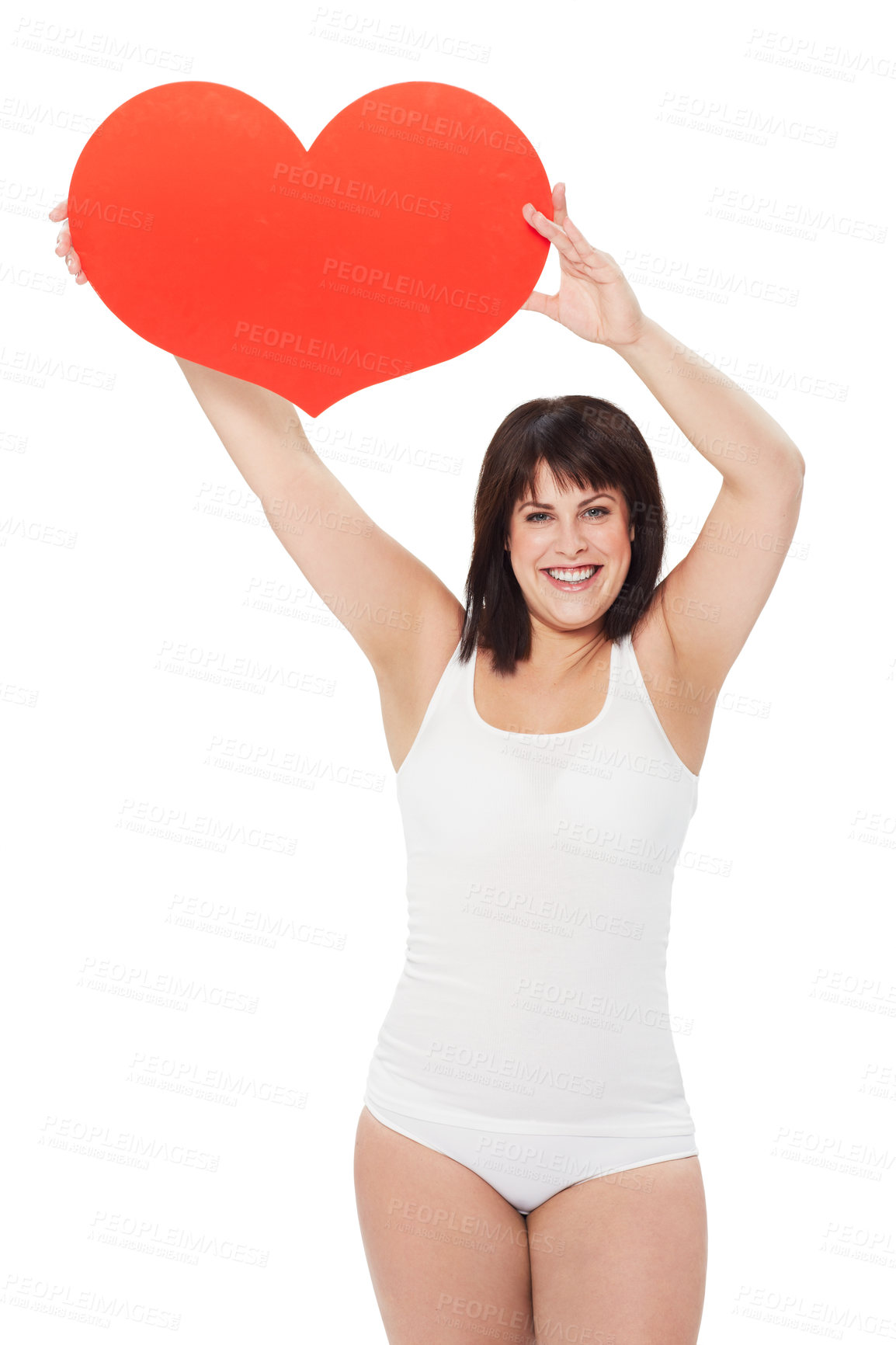 Buy stock photo Portrait, heart and happy plus size woman in studio isolated on a white background. Love, sign or symbol of model in underwear with healthy body for care, kindness emoji and romance on valentines day