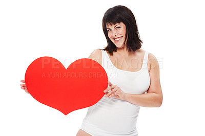 Buy stock photo Studio portrait of a model wearing underwear and holding a large heart isolated on white