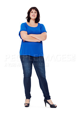 Buy stock photo Arms crossed, confident and portrait of a woman with a vision on a white background in studio. Fashion, elegant and clothing model with confidence, high heels and arms folded on a studio background