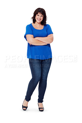 Buy stock photo Arms crossed, smile and portrait of a plus size woman on a white background in studio. Fashion, elegant and happy clothing model with confidence, high heels and arms folded on a studio background