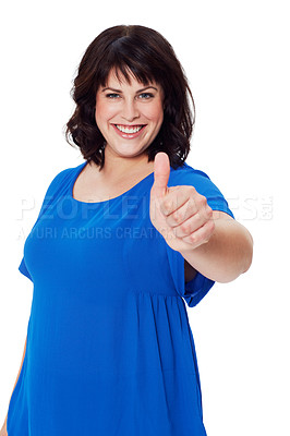 Buy stock photo Portrait, woman and thumbs up for achievement, success and confident female isolated on white studio background. Mature lady, smile and hand for solidarity, positive reaction and support for decision