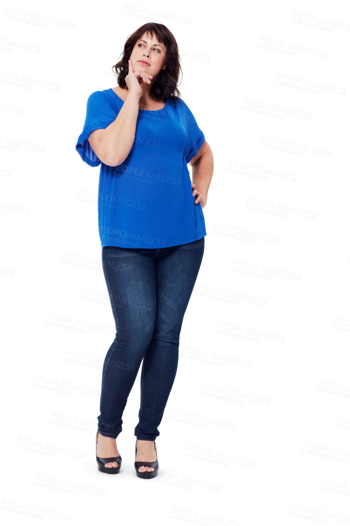 Buy stock photo Woman, thinking and fashion idea of plus size model on a white background for planning, decision and choice. Full body of model in studio to think about ideas, promotion or inspiration to lose weight