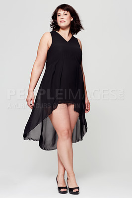 Buy stock photo Fashion portrait, black dress and studio woman with glamour outfit, trendy style or elegant apparel. Classy, evening wear and female model confident in clothes isolated on white background
