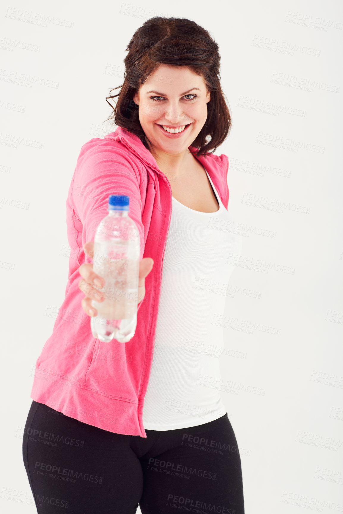 Buy stock photo Happy woman, portrait and plus size with bottle of water in fitness for natural nutrition on a white studio background. Face of female person smile with mineral drink for sustainability or hydration