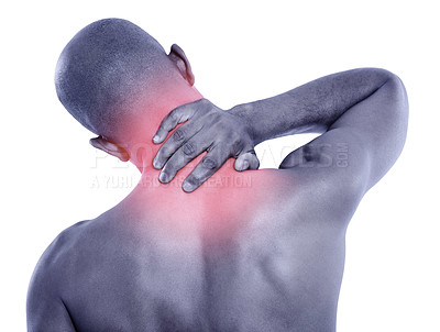 Buy stock photo Man, back and neck pain with red glow, spine injury and illness with fibromyalgia pr pressure on white background. Overlay, body and sick in studio with muscle tension, inflammation and strain