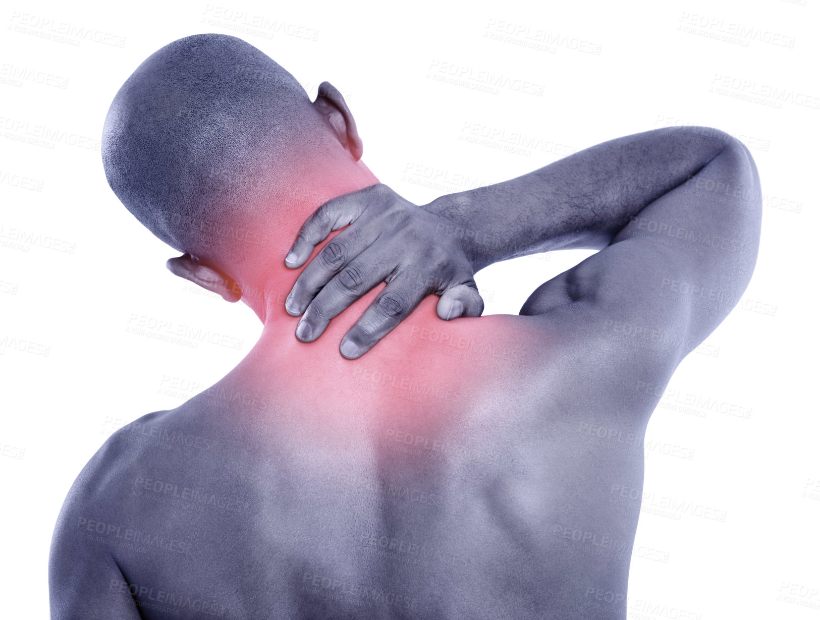 Buy stock photo Man, back and neck pain with red glow, spine injury and illness with fibromyalgia pr pressure on white background. Overlay, body and sick in studio with muscle tension, inflammation and strain