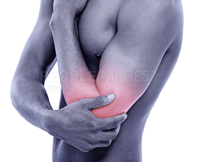 Buy stock photo Person, elbow pain with red glow and injury or accident, illness with fibromyalgia or pressure on white background. Overlay, body and muscle tension in studio, inflammation and strain on joint